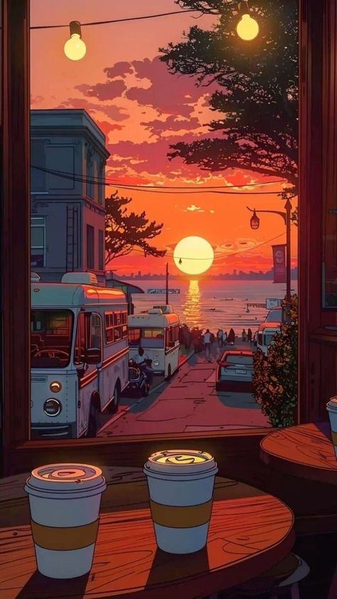 Cartoon Sunset Wallpaper, Sunset Cartoon, Cartoon Sunset, Video Sunset, Cafe Background, New York Illustration, Sunset Illustration, Books I Read, Illustration Wallpaper