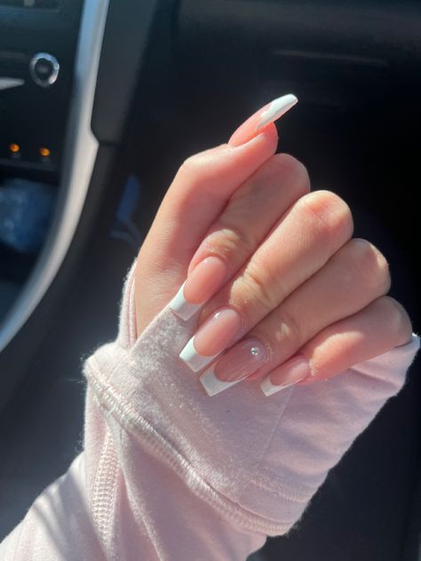 French tip coffin’s🎀 Medium Ballerina French Tip Nails, Coffin Nails French Tip Design, Coffin Shape French Tip Nails, White French Tip Coffin, French Tip Coffin Nails, French Tip Coffin, Triangle Nails, Gel Nails French, French Tip Design