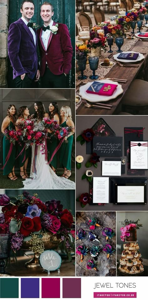 Jewel Tone And Champagne Wedding, Colourful Winter Wedding Flowers, Jewel Tone And Black Wedding, Jewel Colours Wedding, Jewel Coloured Wedding, Wedding Jewel Tones Colour Palettes, Jewel Tone Western Wedding, Jewel Tone Tuxedo, Gem Wedding Theme