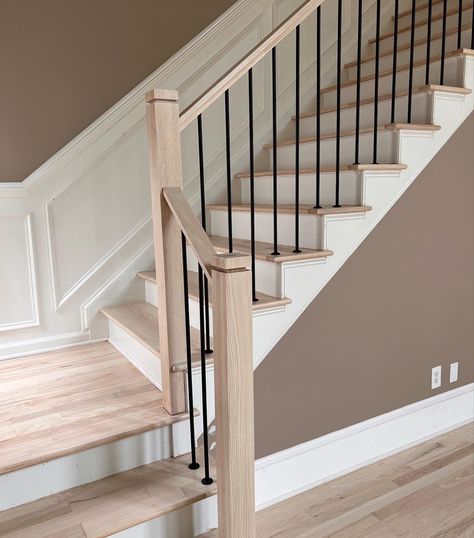 Wood And Iron Stair Railing Modern, Replacing Balusters, Rod Iron Stair Railing, Balusters Ideas, Stair Treatments, Baluster Design, Indoor Stair Railing, Iron Stair Balusters, Stair Railing Makeover