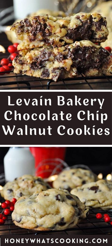 Outrageously delicious, Levain Bakery Chocolate Chip Walnut Cookies are New York's number one cookie. They are chewy, gooey, and rich! The best time to make them is around the holidays. Levain Bakery Cookie Recipe, Walnut Chocolate Chip Cookies, Levain Cookies, Bakery Chocolate Chip Cookies, Chocolate Chip Walnut Cookies, Baked Sweets, Whats Cooking, Holiday Roasts, Levain Bakery