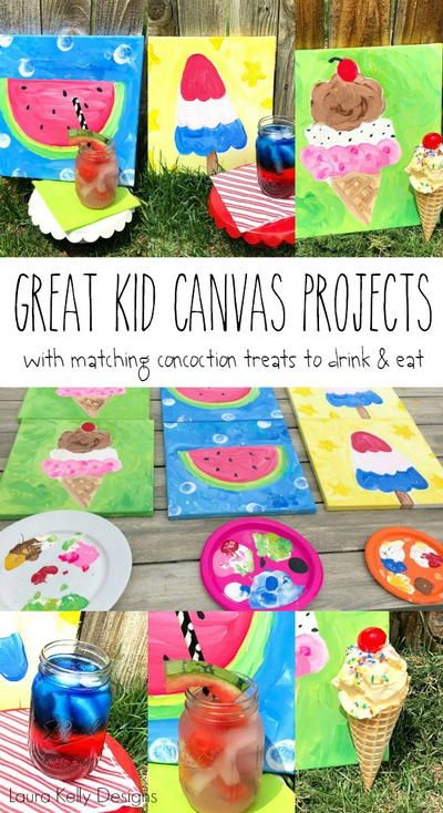 Summertime Kid Canvas Painting Easy Summer Canvas Paintings, Diy Painting Canvas For Beginners, Kids Painting Projects, Kid Painting, Kids Painting Party, Kids Canvas Painting, Kids Canvas Art, Painting Activities, Painting Party