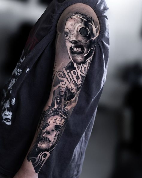 @slipknot sleeve- complete! . Resident artist: @rowoon.tattoo . A special tribute to one of Rowoon’s favorite bands. What should his next sleeve be inspired by? . #slipknottattoo #slipknotfamily #slipknotart #slipknot #blackandgrey #tattooartist #seoulinktattoo Slipknot Tattoo Ideas, Slipknot Tattoo, Portrait Tattoo Sleeve, Slipknot, Tattoo Sleeve, Ink Tattoo, Sleeve Tattoos, Portrait Tattoo, Tattoo Artists