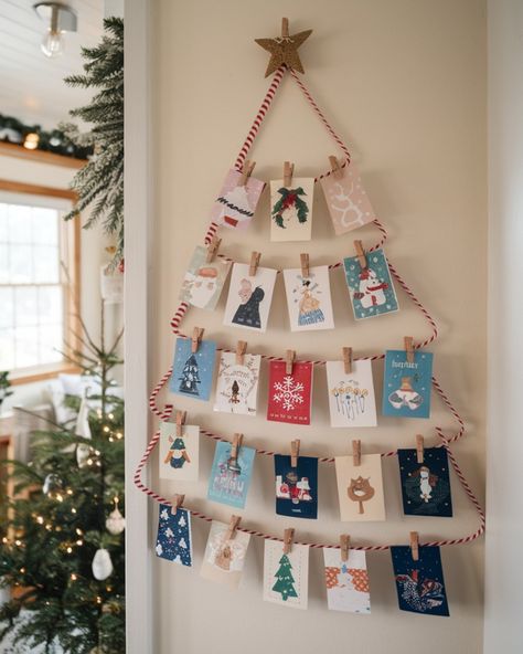 🎄💌 Turn holiday cards into a festive wall display! Create a space-saving gallery of cherished greetings using twine, mini clothespins, and fairy lights. Perfect for tiny homes where memories deserve the spotlight! Get the complete DIY guide on our blog. 👉 Join our tiny home community for daily inspiration! #TinyHomeChristmas #CardDisplay #DIYHoliday #CozyWalls Diy Holiday Card Display, Christmas Card Decor Display Ideas, Ideas For Displaying Christmas Cards, Christmas Decor Ideas Tiny House, Tiny Space Christmas Decor, Christmas Card Display Ideas Wall, How To Display Holiday Cards, Displaying Christmas Cards Ideas, Christmas Card Wall Display