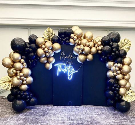 Dark Blue And Gold Birthday Theme, Prom Balloon Decorations Photo Backdrops, Navy And Gold Backdrop, Birthday Party Trends 2024, Navy Blue And Gold Backdrop, Black And Gold Balloon Backdrop, Black And Gold Balloon Garland, Glamping Christmas, 55th Birthday Decorations