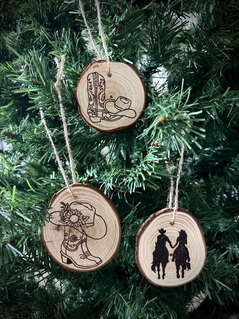 Handmade woodburned Western themed ornaments As pictured Things To Wood Burn, Wooden Burning Ideas, Wood Burning Ideas Easy, Wood Projects For Gifts, Wood Burned Ornament, Wood Burning Western Ideas, Western Wood Burning Ideas, Western Wood Burning, Wood Burned Christmas Ornaments