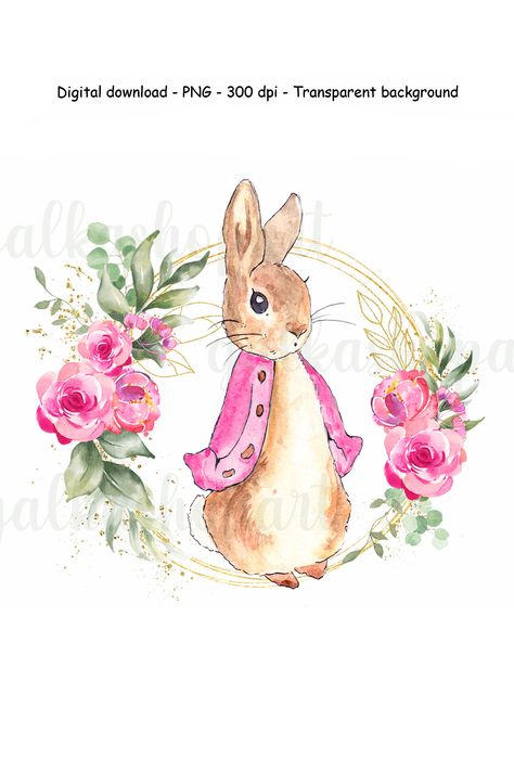 Flopsy Bunny, Rabbit Clipart, Wreath Clipart, Girl Christening, Sublimation Prints, A3 Size, New Baby Girls, Digital Illustrations, Peter Rabbit