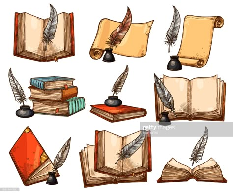 stock illustration : Old book, paper scroll and feather pen sketch set Old Book Paper, Feather Quill Pen, Paper Scroll, Sketch Icon, Feather Pen, Images Harry Potter, Vector Sketch, Book Paper, Pen Sketch