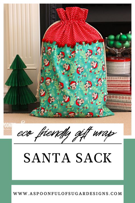 I am all about eco-friendly gift-wrapping options this Holiday season. There are so many festive fabric options available to make your own gift bags. I found adorable Mickey Mouse fabric at Spotlight and made a Santa Sack. Best of all, the gift bags can be reused year after year. They are also a handy size to store your Christmas decorations or Christmas quilts. So many uses! Diy Santa Sack Pattern, Christmas Sacks Fabric, Santa Sacks Diy Drawstring Bags Pattern, Laundry Bag Pattern, Make Your Own Gift Bags, Santa Sack Pattern, Sew Santa Sack, Personalized Santa Sack, Mickey Mouse Fabric