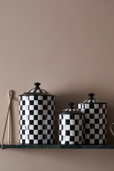 Purchase Rockett St George Set of three Black/White Checkerboard Nesting Enamel Storage Tins from the Subsequent UK on-line store Check more at https://creativedecordesign.com/2024/09/03/buy-rockett-st-george-set-of-3-black-white-checkerboard-nesting-enamel-storage-tins-from-the-next-uk-online-shop/ Black And White Checkered Kitchen Decor, Black And White Kitchen Accessories, Checkerboard Furniture, Checkerboard Decor, Checkerboard Bathroom, Black And White Kitchen Decor, Black And White Accessories, Black And White Home Decor, Black Kitchen Decor