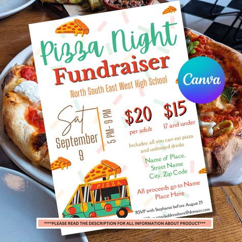 Looking for a Pizza Night Fundraiser Invite Template that can either be printed or sent as an Evite? ▪️This editable Pizza Fundraiser Flyers invitation template is easy to use and can be printed from home/work or sent through one of the social media platforms. All text is editable. Pizza Fundraiser, Fundraiser Invitation, School Fundraising Events, Drink Names, West High School, Fundraiser Event, Fundraiser Flyer, Event Program, Eat Pizza