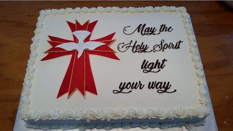 Confirmation cake, gumpaste cross and dove, chocolate transfer writing. Full sheet cake, 18x24x4inch, buttercream Confirmation Sheet Cakes, Conformation Decor, Ordination Cake Ideas, Church Cake Ideas, Confirmation Cakes Catholic, Confirmation Cake Ideas, Confirmation Retreat, Christian Cakes, Full Sheet Cake