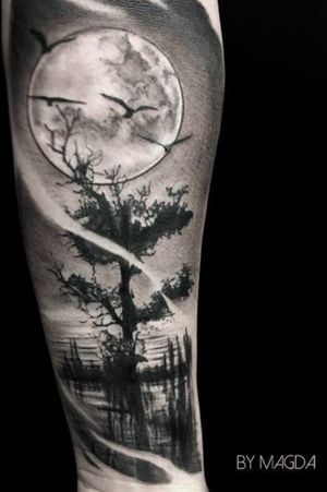 Dark Forest Tattoo, Owl Eye Tattoo, Wilderness Tattoo, Men Flower Tattoo, Dark Trees, Tree Tattoo Men, Geometric Line Tattoo, Tattoo Over Scar, Full Moon Tattoo