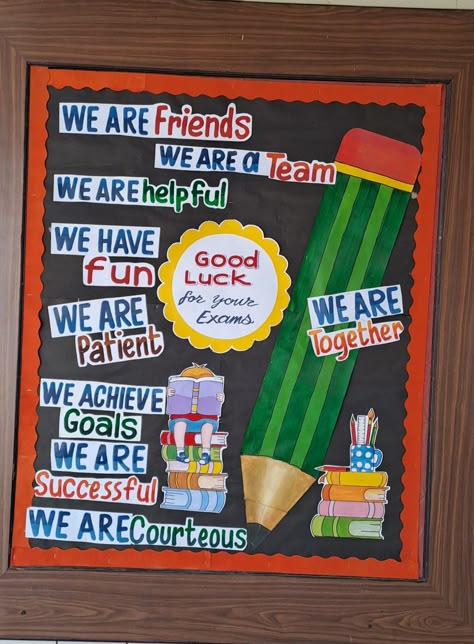 Educational Board Decoration, Class House Chart Ideas, Exam Decoration Board, Exam Related Board Decoration, Exam Bulletin Board Ideas, School Notice Board Decoration, Welcome Chart For School Students, House Chart Ideas For Classroom, All The Best For Exams Board Decoration