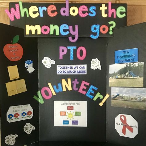 Pta Trifold Board, Pta Booth Ideas, Pto Poster Board Ideas, Pta Bulletin Board Ideas, Tri Fold Poster Board, Elementary School Fundraisers, Pto Bulletin Board, Trifold Board, Tri Fold Poster