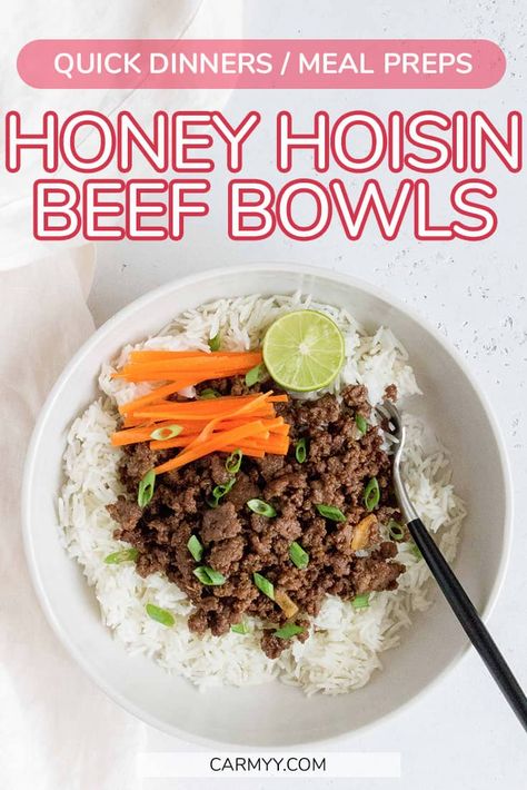 Made in under 30 minutes, this Honey Hoisin Beef Bowls is the perfect mix of sweet and savoury! This quick recipe makes for a delicious meal prep or as a last minute meal. | beef meal prep | ground beef recipe | easy family dinner | last minute dinner | Meal Prep Ground Beef, Beef Meal Prep, Hoisin Beef, Canned Beef, Beef Ideas, Bowls Recipes, Delicious Meal Prep, Beef Dinners, Prep Lunch