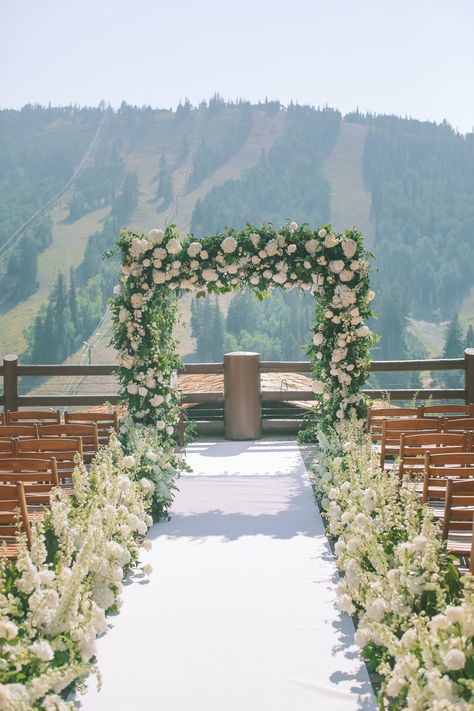 Mountain Ceremony Arch and Aisle Huppah Wedding Flowers, Hydrangea Chuppah, White And Green Floral Wedding, Green Wedding Ceremony, Huppah Wedding, Delphinium White, Boracay Wedding, Stein Eriksen Lodge, White Delphinium