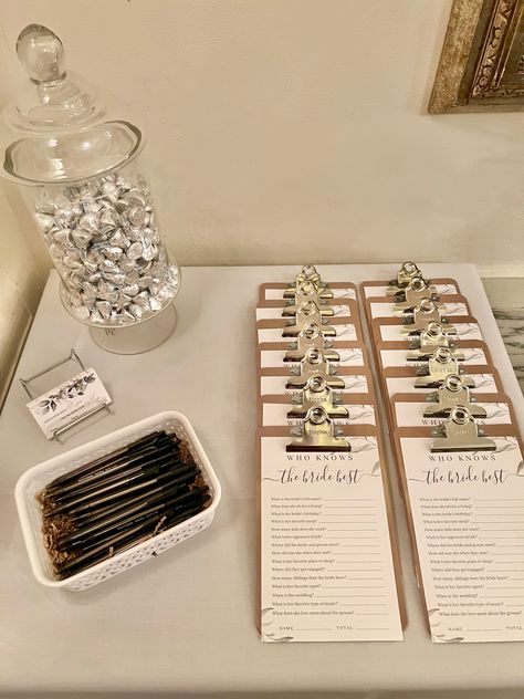 bridal shower, bridal shower games, wedding, wedding inspo, bride, groom, engagement Guess How Many In A Jar Ideas, Kisses Bridal Shower Game, Bridal Things, Bridal Party Ideas, Bridal Shower Game, Jar Ideas, Locally Grown, Write It Down, Bridal Shower Games