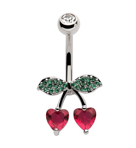 Belly button ring with a cute cherry design that has red cz hearts for the cherries and a green cz bow for the leaves. Size 14G. Fun jewelry piece to add to your belly ring collection! Sold individually (1pc). Get free shipping on US orders over $20! Cherry Belly Button Piercing, Belly Button Ring Aesthetic, Heart Cherries, Cute Belly Rings, Belly Button Piercing Jewelry, Belly Piercing Ring, Cherry Design, Button Piercing, Grunge Jewelry