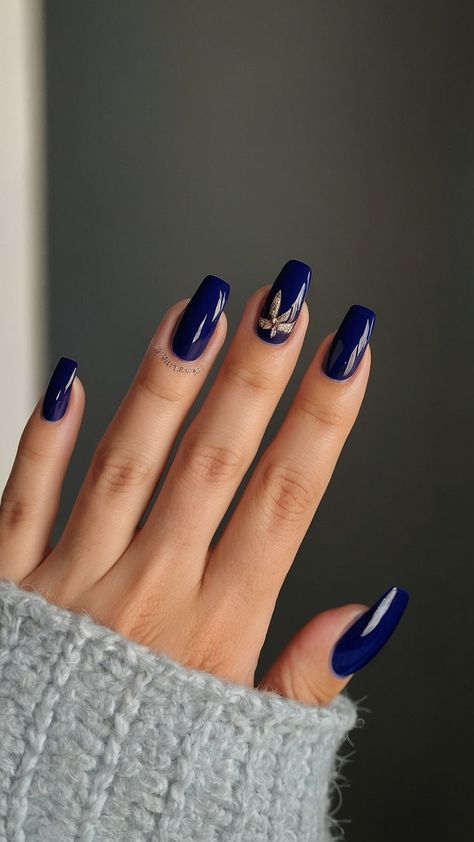 Get inspired by these stunning blue nail designs for summer 2024 From light to dark navy we've curated a collection of trendy and artistic nail designs that are perfect for a royal summer look Find your next manicure idea here Dark Blue Nails With Accent Nail, Dark Navy Nails Design, Fall Nails Dark Blue, Dark Blue Nails Aesthetic, Dark Royal Blue Nails, Royal Blue Nails Ideas, Dark Navy Nails, Dark Blue Nails With Design, Navy Nails Design