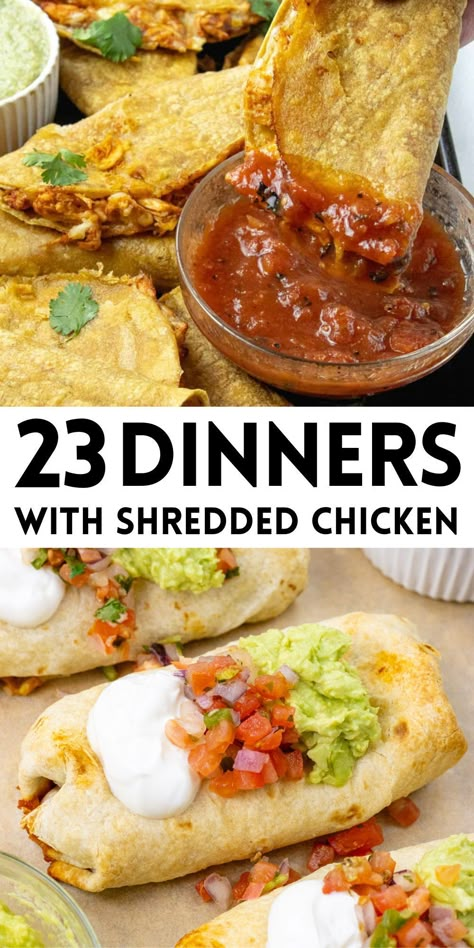 I have 23 easy shredded chicken recipes for a quick and easy dinner! Use leftover chicken, rotisserie chicken, or make your own. These simple dinner ideas are perfect for an easy weeknight. Leftover Salsa Chicken Recipes, Recipes Using Pulled Chicken, Leftover Rotisserie Chicken Recipe Ideas, Easy Dinner Using Rotisserie Chicken, Rostiserie Chicken Sides, Easy Meal With Rotisserie Chicken, Quick Rotisserie Chicken Meals, Mexican Rotisserie Chicken Recipes, Easy Shredded Chicken Dinner