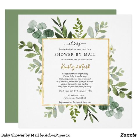 Baby Shower by Mail Invitation A baby shower by mail invitation is perfect for those that live a long distance from loved ones, but still want to shower the parents to be with love and gifts to prepare for the arrival of baby. This shower invitation features a watercolor frame of greenery and eucalyptus branches with a faux gold frame and the request poem "It’s difficult to live so far away When a baby is on the way. Gathering loved ones can be so hard ... Bridal Shower By Mail, Quarantine Wedding, Baby Shower By Mail Invitation, Online Baby Shower Invites, Shower By Mail Invitation, Baby Shower By Mail, Baby Shower Invitation Wording, Online Baby Shower, Shower By Mail