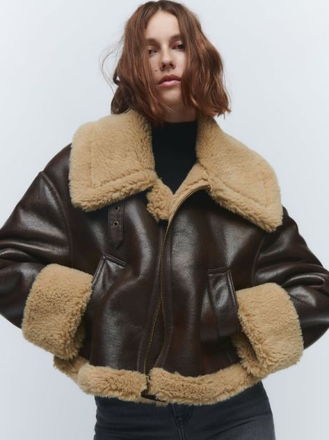 Zara Aviator Jacket, Leather Fur Jacket, Leather Fur Coat, Short Faux Fur Coat, Faux Shearling Jacket, Fur Leather Jacket, Pu Leather Jacket, Shearling Coat, Brown Leather Jacket