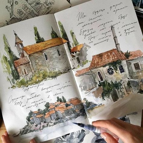 Journal D'art, Travel Art Journal, Buch Design, Watercolor Journal, Architecture Drawing Art, Watercolor Sketchbook, Art Diary, Arte Sketchbook, Sketchbook Journaling