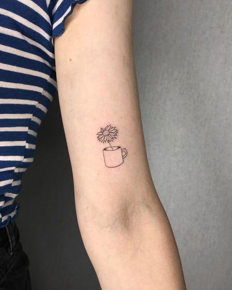 Stick And Poke Sunflower, Sunflower Book Tattoo, Sunflower Stick And Poke, Fineline Sunflower Tattoo, Coffee Mug Tattoo, Tattoos Sunflower, Tattoo Fairy, Sunflower Tattoo Simple, Tattoo Sunflower