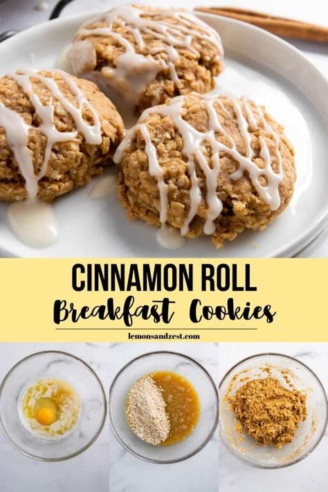 Cinnamon Roll Breakfast, Avocado Sandwiches, Icing Drizzle, Oatmeal Breakfast Cookies, Breakfast Cookie Recipe, Cinnamon Breakfast, Lemon Cookies Recipes, Cinnamon Roll Cookies, Breakfast Cookies Healthy