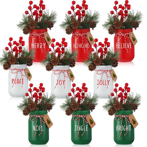 PRICES MAY VARY. Festive and Colorful Christmas Centerpieces for Tables: We offer Christmas themed mason jar kitchen decor in red, green, and white variety to seamlessly blend into your holiday decorations; Our pack includes 9 glass mason jars, 9 berry branches, 9 pine needle branches, 9 pine cone branches, 1 roll of red white cotton rope, 9 kraft paper cards, 1 sheet of stickers, bringing festive cheer to your space Reliable Glass Mason Jar Set: our kitchen theme decor sets comprise glass mason Jar Christmas Crafts, Christmas Floral Arrangements Diy, Mason Jar Christmas Decorations, Christmas Centerpieces Cheap, Kitchen Tiered Tray, Christmas Party Table Decorations, Christmas Table Decorations Centerpiece, Spring Mason Jar, Christmas Tree Decorations Ribbon