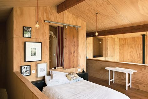 Plywood: an underrated design choice? This sliding barn door for a closet was made from oak floor boards, and used in a wood-centric bedroom. Plywood Wall Paneling, Plywood House, Mezzanine Bedroom, Oak Floorboards, Plywood Design, Plywood Interior, Make A Door, Plywood Walls, Plywood Flooring