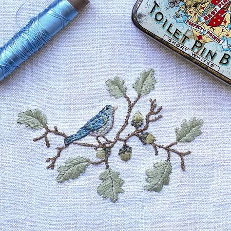 Embroidered Oak Tree, Blue Bird Embroidery, Oak Tree Embroidery, Embroidery Birds, Tree Embroidery, Nursery Mural, Bee Embroidery, Bird Embroidery, Embroidery Ideas