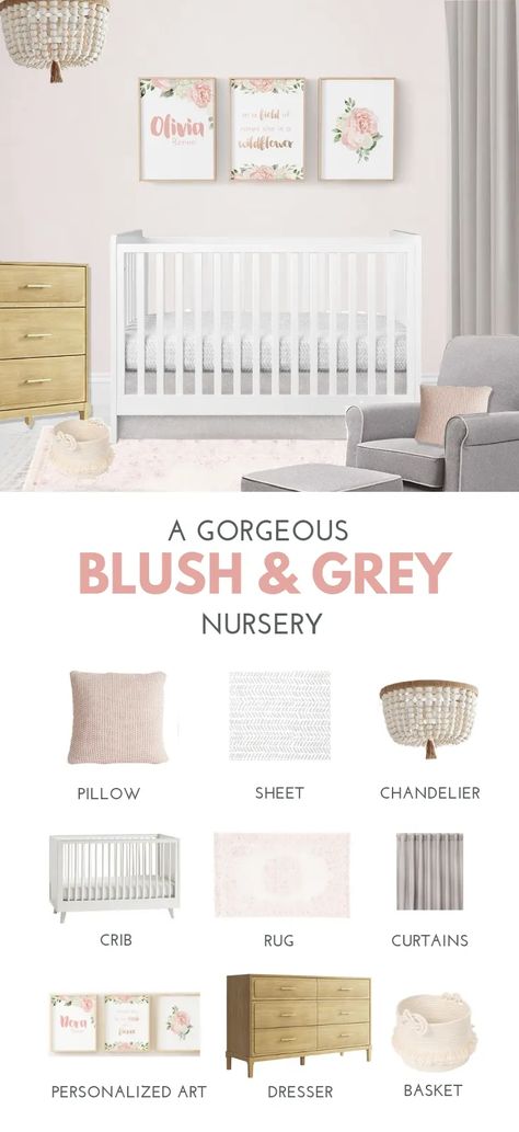 Gray Nursery Girl, Vintage Girl Nursery, Pink And Gray Nursery, Blush Nursery, Girl Nursery Pink, Baby Nursery Inspiration, Rose Nursery