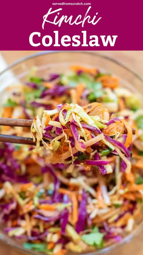 Add a little Asian flair to your summer cookouts! Our Kimchi Coleslaw combines all of the tangy, spicy flavors of the Korean staple with a cabbage slaw! It's sure to be a unique and delicious side on any table! Kimchi Slaw Recipes, Korean Slaw Recipes, Korean Coleslaw Recipe, Kimchi Coleslaw, Korean Coleslaw, Korean Slaw, Spicy Coleslaw Recipe, Asian Cabbage Slaw, Kimchi Slaw