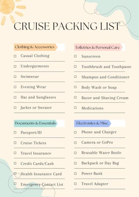 Printable Cruise Packing Lists Printable Cruise Packing List, Things You Need For A Cruise, Cruise Packing List Printable, Cruise Packing Checklist, Trip Essentials Packing Lists, Holiday Packing Lists, Trip Hacks, Cruise Packing List, Cruise Tickets