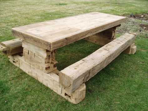 Reclaimed hand hewn barn beam picnic table by Sharper Homes, Inc Barn Board Projects, Picnic Table Plans, Barn Wood Projects, Reclaimed Wood Projects, Timber Furniture, Log Furniture, Mesa Exterior, Dream Backyard, Diy Outdoor Furniture