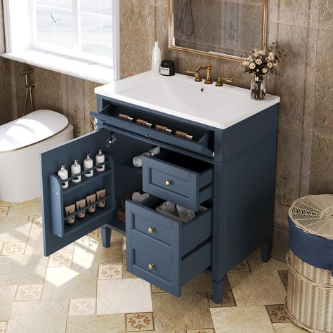 PRICES MAY VARY. Elegant & Minimalist Design: Our bathroom vanity captures clean lines, crisp geometry and contrasting use of mix material and color. With its classic, traditional style, and spacious storage options, this freestanding vanity is the perfect addition to any bathroom. High-quality Material: Our bathroom vanity with single sink features a solid wood base and a waterproof finish, making the vanity body sturdy and durable, the smooth surface of the ceramic sink and vanity top are easy Bathroom Vanity Modern, Bathroom Sink Cabinet, Vintage Handles, Vanity Modern, Blue Bathroom Vanity, Unique Cabinet, 30 Bathroom Vanity, Bathroom Sink Cabinets, Furniture Bathroom