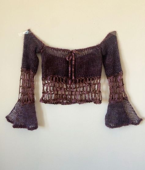 BEAUMEADOW on Instagram: “the ‘ravenwing’ top 💜🖤 an experimental freehand top im making a second version of now! with open sleeves, u have to see her on to…” Freehand Knit, Crochet Freehand, Freehand Crochet Top, Knitting Crochet, Knitted Sleeves, Crochet Top Alternative, How To Crochet Sleeves, Fairy Top, Knitting Clothes