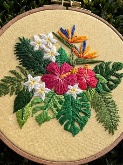 PDF Pattern Tropical Bouquet, Advanced Embroidery, Embroidery Pattern, DIY Embroidery, Hand Embroidery, Hibiscus Floral Embroidery - Etsy Hawaiian Embroidery Patterns, Tropical Embroidery Pattern, Hawaiian Flower Embroidery, Tropical Flowers Embroidery, Tropical Embroidery Design, Tropical Crochet Patterns, Plumeria Embroidery, Hawaiian Embroidery, Hawaii Embroidery