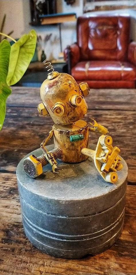 Wood Robots, Recycled Robots, Tin Can Robots, Steampunk Mixed Media Art, Recycled Robot, Steampunk Mixed Media, Robot Sculpture, Scrap Metal Art, Scrap Metal