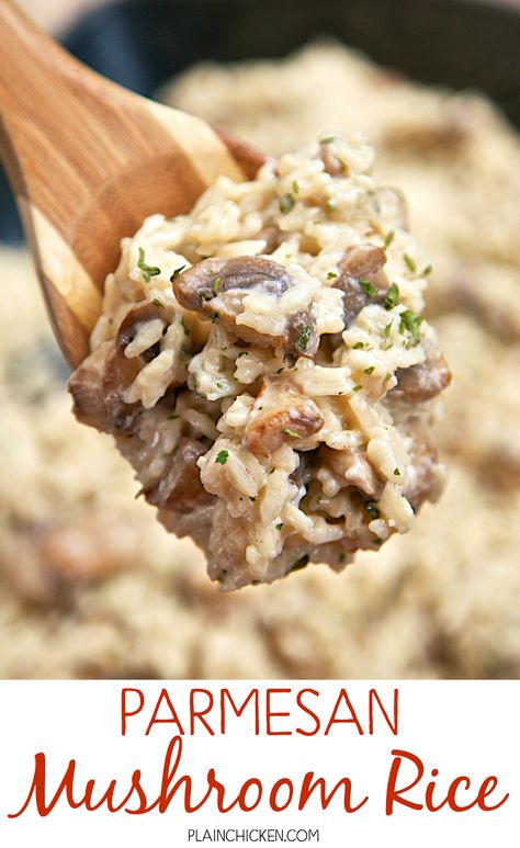 Parmesan Mushroom Rice | Plain Chicken® Mushroom Parmesan Rice, Rice That Goes With Chicken, Easy Mushroom Rice Recipes, Garlic Mushroom Rice, Easy Mushroom Rice, Recipes That Use Mushrooms, Mushrooms And Rice Recipes, Recipes Using Canned Mushrooms, Rice Recipes Mushroom