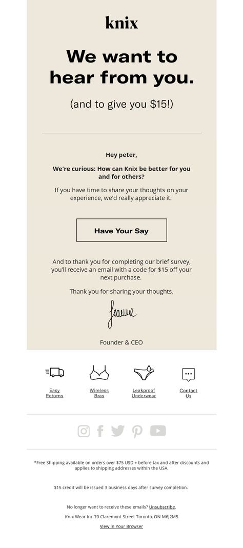 Surveys Email Example - Knix Wear - What Do YOU Want to See From Us? - #SurveyEmails #EmailDesign - View 100s of surveys email templates and examples with MailCharts! Survey Template, Customer Survey, Email Examples, Campaign Planning, Reputation Management, Customer Feedback, Email Design, Email Campaign, Email Templates