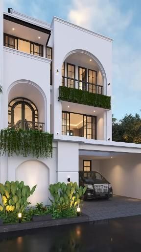 House 3 Floors, Classic Modern House, Home Exterior Design, Santorini House, Emporio Architect, Villa Bali, Classic House Exterior, Small House Design Exterior, Classic House Design