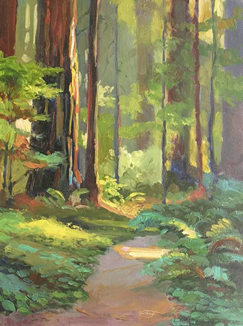 Redwood Walk by Sterling Hoffmann ~ x Redwood Tree Art, Redwood Tree Painting, Redwood Painting, Landscape Art Painting, Forest Painting, Painting Inspo, Canvas Ideas, Expressive Art, Paint On Canvas