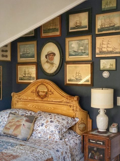 A Bedroom Fit For A Captain, Filled With Vintage Nautical Charm Pirate Themed Bedroom, Deep Blue Walls, Pirate Bedroom Theme, Pirate Bedroom, Antique Cottage, Painted Cottage, Striped Curtains, Cottage Furniture, Vintage Nautical