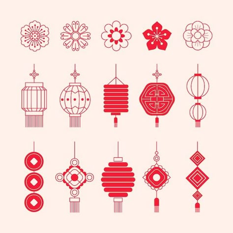 Cny Design Illustrations, Japanese Lunar New Year, Chinese New Year Angpao Design, Modern Chinese New Year Graphic Design, Lunar New Year Symbols, Chinese Doodles Drawing, Rabbit Chinese New Year Design, Chinese New Year Illustration 2024, Lunar New Year Tattoo