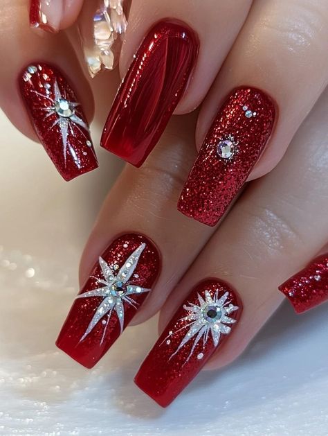 Sparkly Red Christmas Nails, Sparkly Red French Tip Nails, Fancy Christmas Nails, Red Sparkly Christmas Nails, Christmas Nails Sparkly, Acrylic Christmas Nail Designs, Glitter Christmas Nails, Red Sparkle Nails, Sparkly Christmas Nails