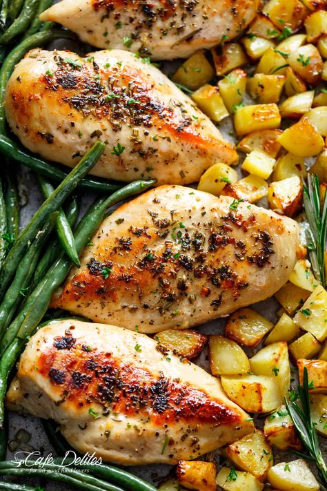 Sheet Pan Garlic Herb Butter Chicken has half the butter and fat WITHOUT compromising on a buttery flavour. A complete sheet pan chicken dinner with roasted potatoes and green beans! | cafedelites.com Garlic Herb Butter Chicken, Herb Butter Chicken, Murgh Makhani, Mango Chicken, Sheet Pan Dinners Recipes, Cafe Delites, Garlic Herb Butter, Chicken Asparagus, Roasted Chicken Breast