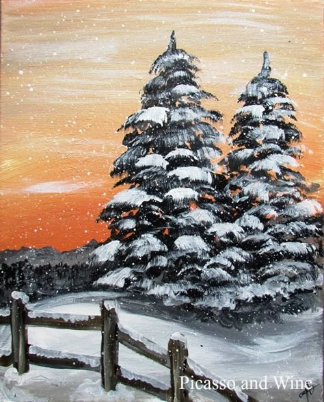 Winter Sunrise Painting, January Paint Night Ideas, Winter Peisage Drawing, Winter Sip And Paint Ideas, Snowy Paintings, Acrylic Painting Winter, Easy Winter Paintings For Beginners, Winter Paintings, Winter Painting Ideas